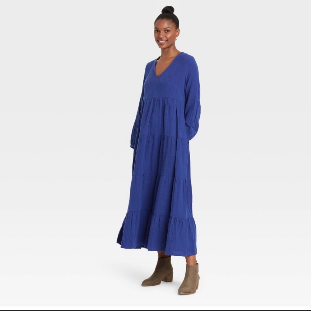 Cotton Gauze Balloon Sleeve Tiered Maxi Dress L